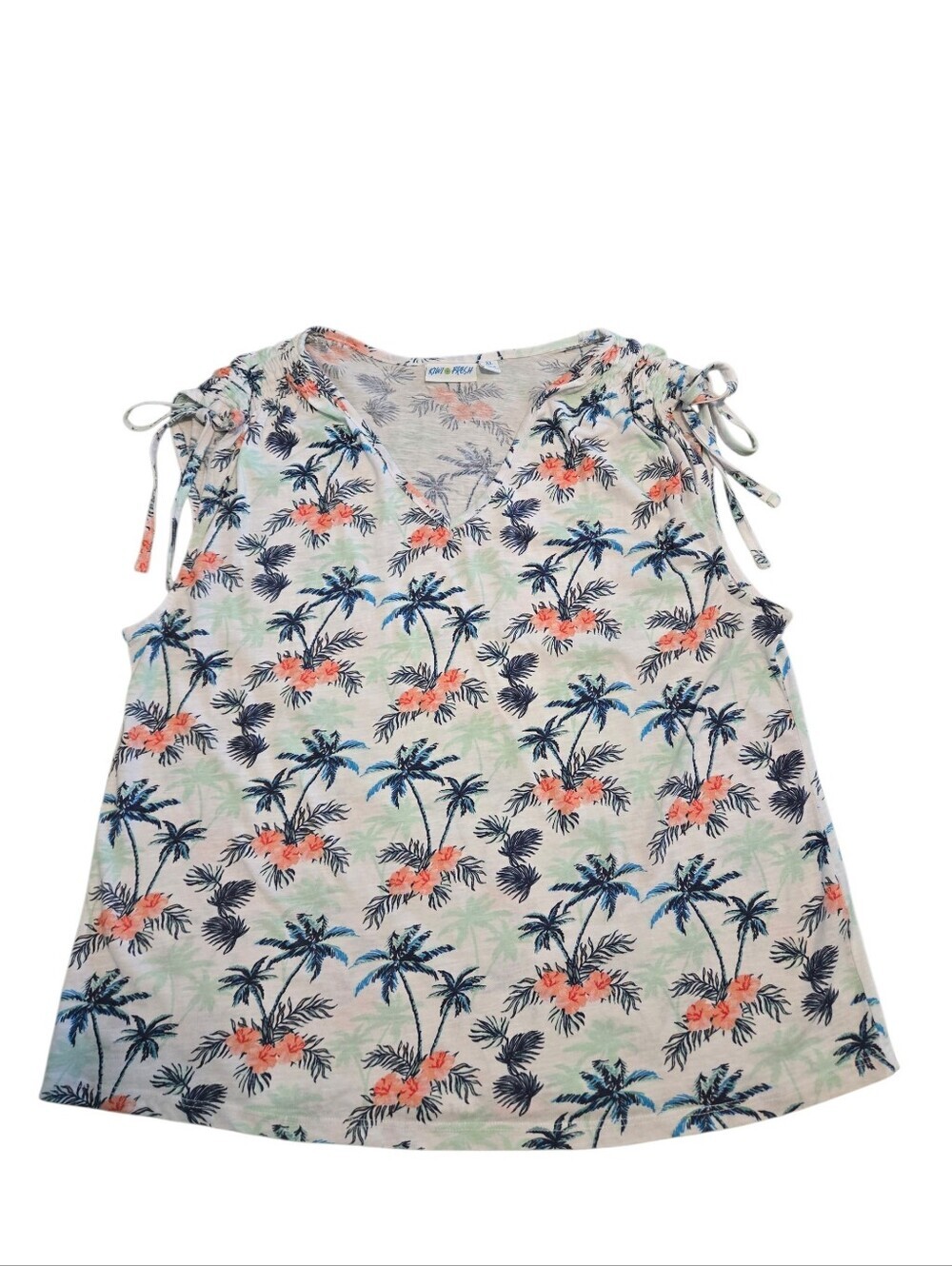 Kiwi Fresh Palm Print Tank Top Women's XL Tropical V Neck Tie Shoulder Cotton